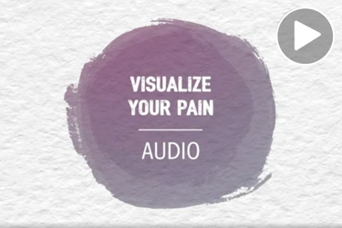 The words "Visualize Your Pain Audio" over a purple circle on a white background with a texture imitating rough paper