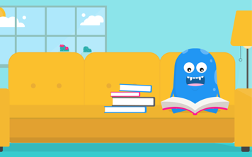 Blue, bean-shaped Copey character sitting on a couch reading a book