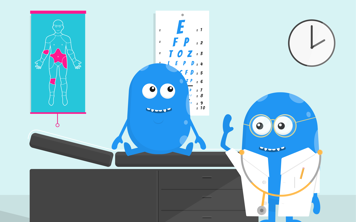 Blue, bean-shaped Copey characters as a patient sitting on an exam bed and a doctor with a stethoscope standing to the side