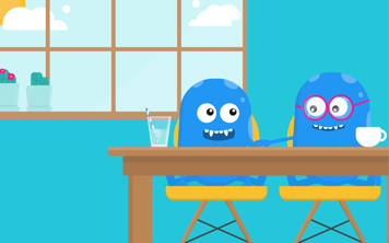 Two Copey characters, which are blue and bean-shaped, sit side by side in chairs at a table