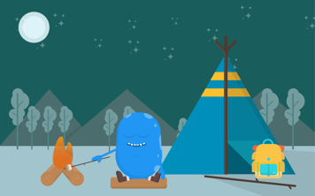 Personnage de Copey bleu en forme de haricot rôtissant une guimauve sur un feu de camp