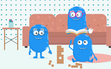 Two Copey characters playing Jenga, and a third character sits behind on a couch with a book on their lap