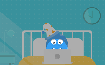 Copey character using a laptop in bed