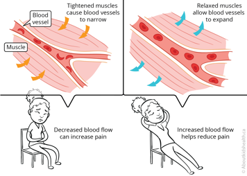 Tightened muscles cause blood vessels to narrow, increasing pain; relaxed muscles allow blood vessels to expand, reducing pain