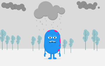 Blue, bean-shaped Copey character standing under a rain cloud